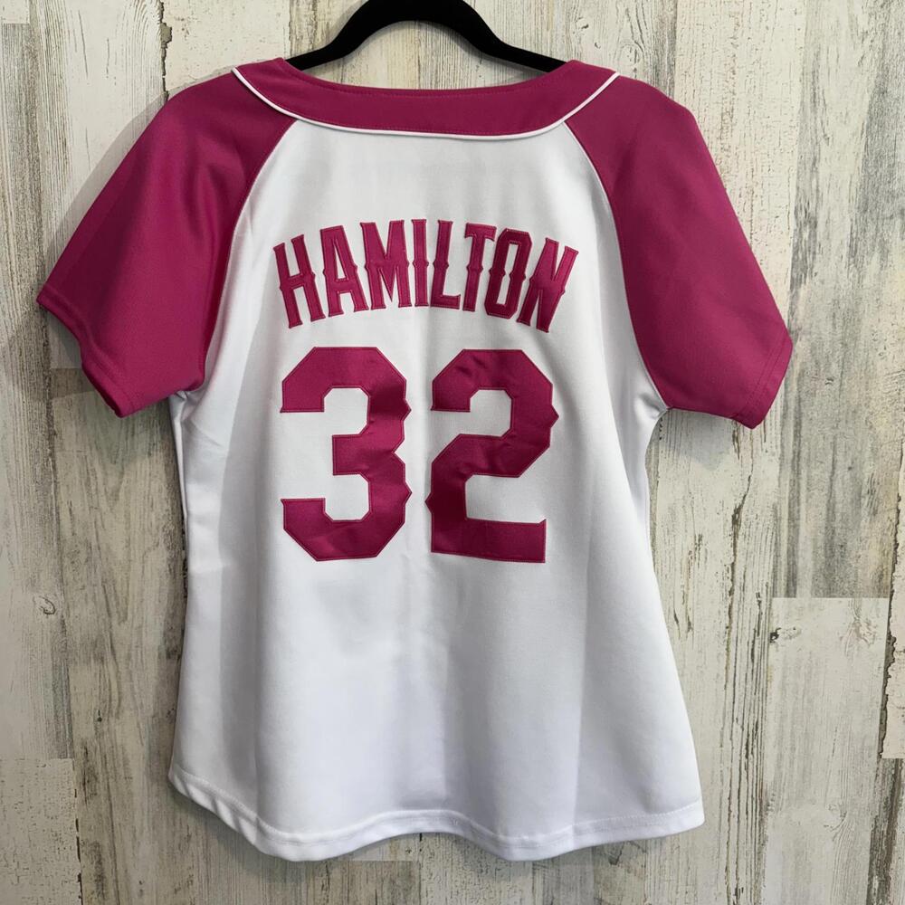 Texas Rangers Womens Pink Majestic MLB Baseball Jersey Hamilton 32 MButton Front